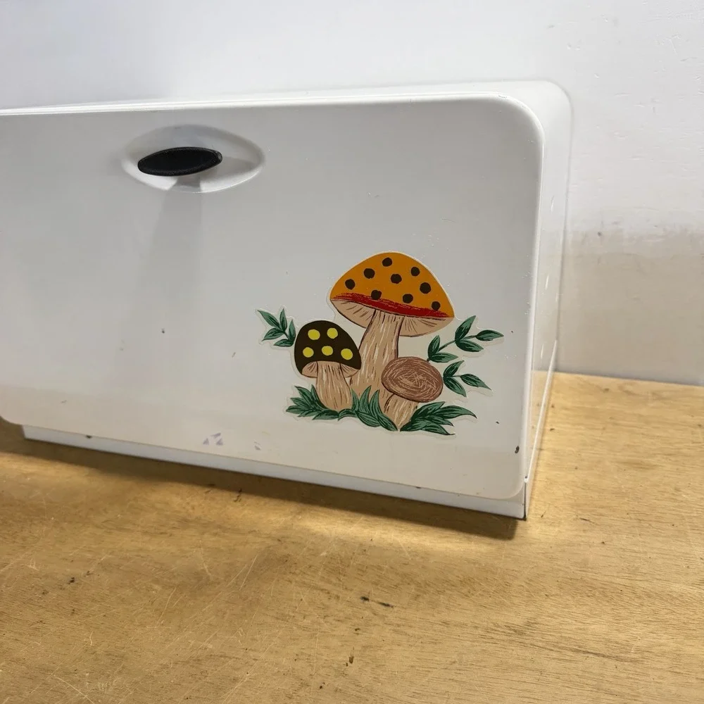 Vintage EKCO Mid Century Merry Mushroom Metal Kitchen Bread Box MCM 70s Cream